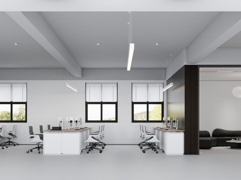  公共办公区 极简办公区 黑白灰公共办公区3d模型 