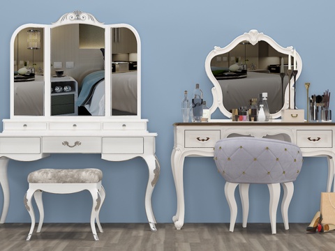  北欧梳妆台 凳子 镜子3d模型 