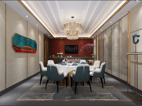  新中式餐厅 包厢 包间 包房 吊灯 装饰画 摆件 盆栽3d模型 