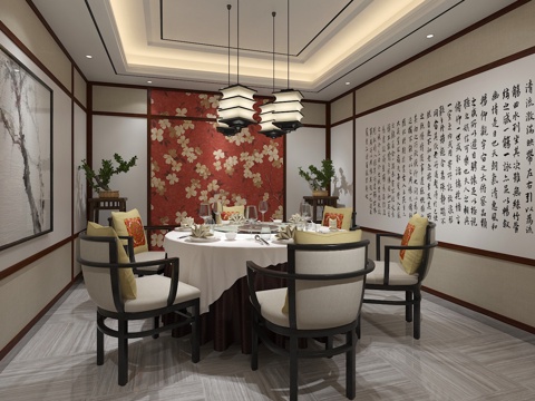  新中式餐厅 包厢 餐桌椅3d模型 
