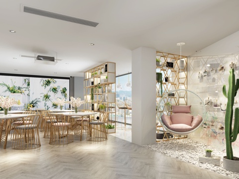  现代咖啡厅 小清新 金属装饰架 透明吊椅 粉色金属桌椅组合3d模型 