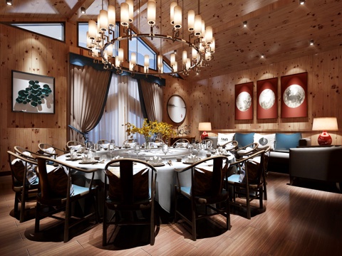  新中式包厢 吊灯 餐桌椅3d模型 