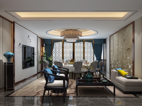  新中式包厢 背景 餐桌椅 吊灯3d模型 