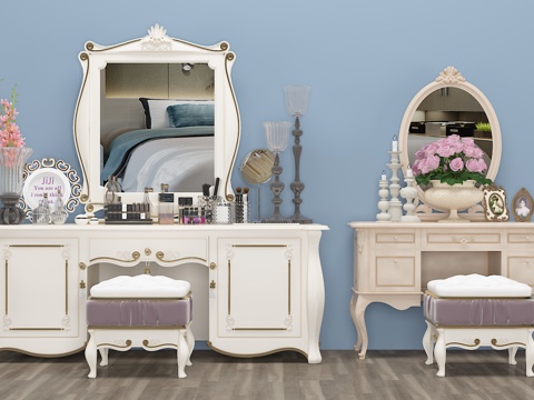  欧式梳妆台 凳子 镜子3d模型 