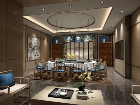  新中式包厢 吊灯 餐桌椅 挂画 沙发 茶几 物件摆件3d模型 