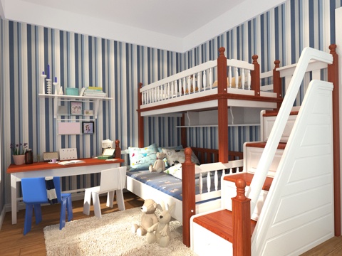  现代儿童房 男孩房 高低床 地中海3d模型 