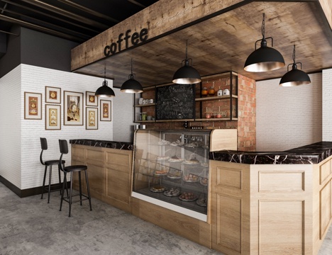  工业风咖啡厅 挂画 吊灯 餐桌椅 单椅 背景墙 物件摆件3d模型 