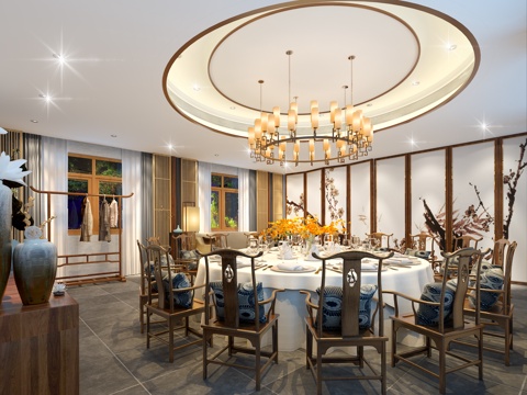  新中式餐厅包间 屏风隔断3d模型 