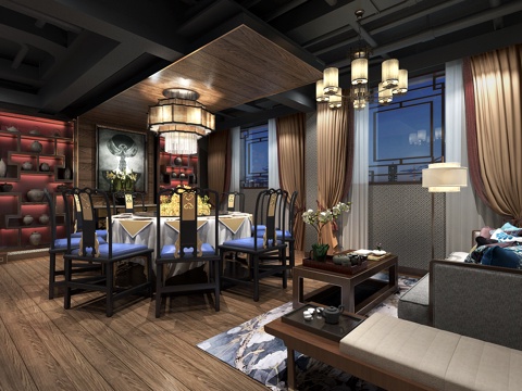  传统中式餐厅包间 吊灯 餐桌椅 茶几 沙发凳 物件摆件3d模型 