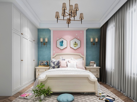  美式卧室儿童房 儿童床 吊灯 挂画 床头柜3d模型 