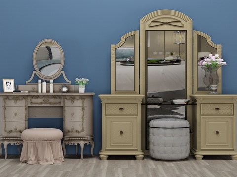  北欧梳妆台 凳子 镜子3d模型 