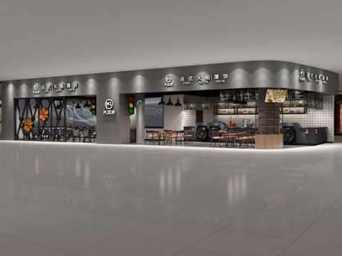  工业风咖啡店奶茶店 车型吧台 方框砖 信号灯 管道3d模型 