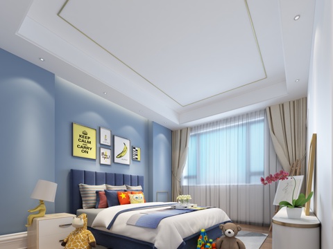  现代儿童房 双人床 床头柜 挂画3d模型 