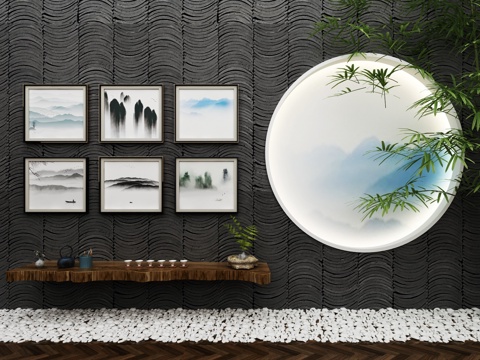  新中式园艺茶艺景观挂画3d模型 