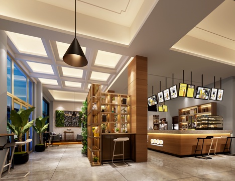  现代咖啡厅 吊灯 装饰柜 餐桌 灯箱3d模型 