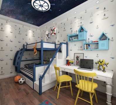 地中海儿童房 背景墙 书桌椅 玩具 上下床 物件摆件3d模型 