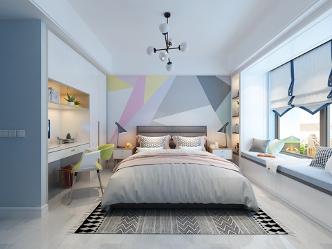  北欧儿童房 吊灯 窗帘 飘窗柜 衣柜 电脑桌 床 壁纸3d模型 