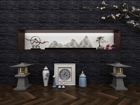  新中式景墙小品3d模型 