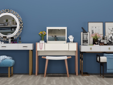  欧式简约梳妆台 镜子 凳子3d模型 