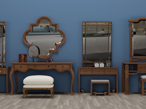  新中式梳妆台 凳子 镜子3d模型 
