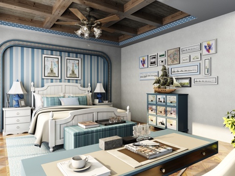  地中海儿童房卧室 单人床 吊灯 床头柜 台灯3d模型 