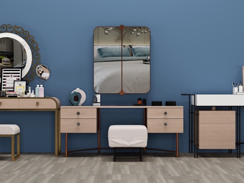  欧式简约梳妆台 镜子 凳子3d模型 