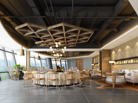  工业风包厢 餐桌椅 禅意沙发3d模型 