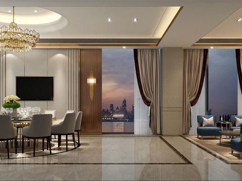  现代餐厅包房 餐桌椅 沙发  茶几 吊灯3d模型 