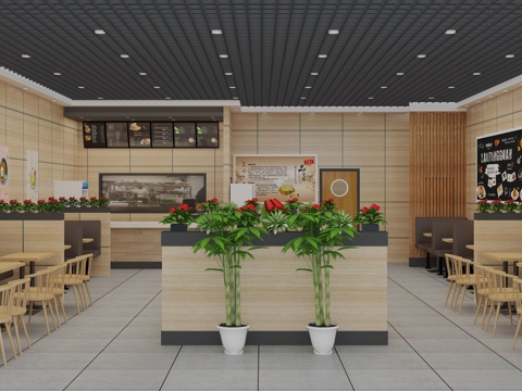  快餐店 快餐桌椅 装饰花架3d模型 