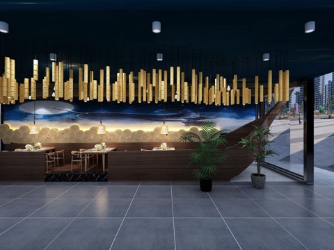  日式船型餐厅大厅3d模型 