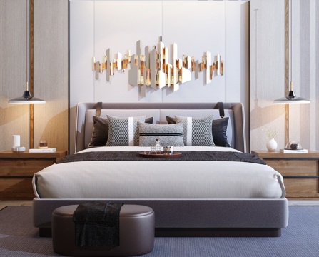  现代轻奢高级灰双人床组合3d模型 