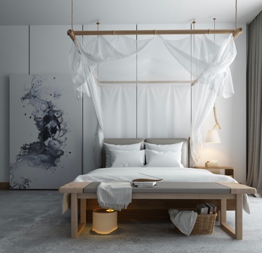  新中式双人床 实木床3d模型 