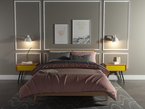  现代双人床 床头柜 装饰画 壁灯3d模型 