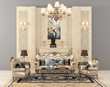  欧式沙发茶几 吊灯壁灯背景饰品摆件组合3d模型 