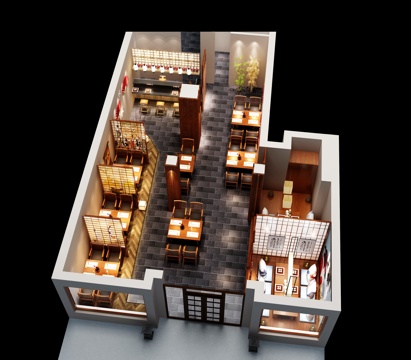  日式餐厅 餐桌椅 吊灯 吧台3d模型 