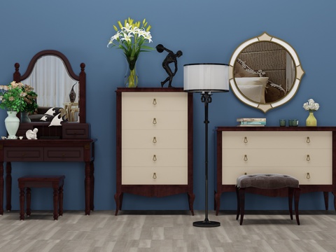  美式梳妆台 镜子 凳子 绿植3d模型 