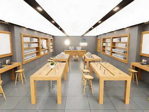 现代简约数码专卖店 展示桌高脚凳置物架 附包装盒 品牌店商场su模型