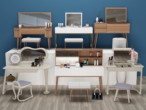  现代实木梳妆台 凳子 镜子3d模型 