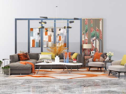  现代转角沙发 休闲椅 背景饰品 摆件组合3d模型 