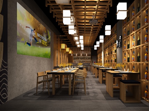  日式料理店 餐桌椅 吊灯 背景墙 酒柜 物件摆件3d模型 