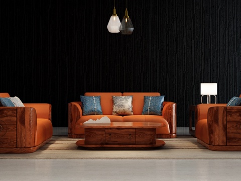  新中式沙发茶几组合 红日沙发茶几组合 木头皮革新中式沙发3d模型 