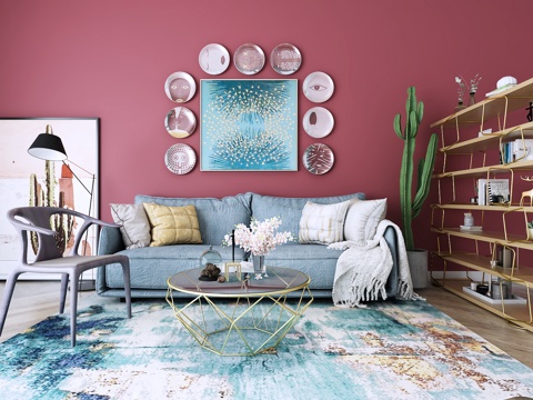  现代沙发茶几书架组合3d模型 