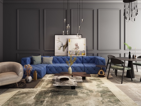  后现代沙发茶几组合 吊灯休闲椅组合模型3d模型 