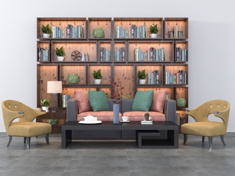  现代双人沙发 单椅茶几书柜饰品摆件组合3d模型 