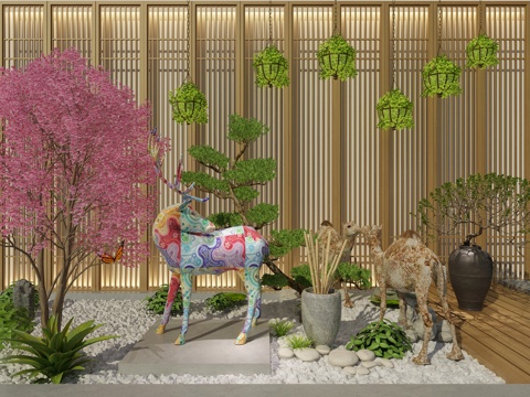  枯山水景观小品 梅花鹿骆驼雕塑摆件，日式景观 樱花树 阳3d模型 