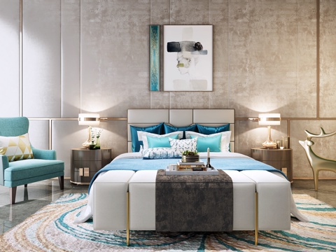  法式轻奢床品组合 床尾踏 床头柜 休闲椅软装饰品组合3d模型 