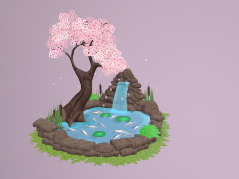  锦鲤池塘瀑布3d模型 