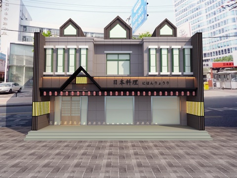  日式外景 门头 日料 饭店 酒店3d模型 
