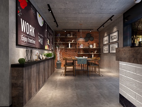  工业风餐厅用餐区3d模型 