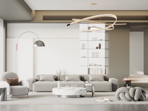  现代奶油风客厅 沙发背景墙沙发茶几组合 客厅吊灯 落地灯3d模型 